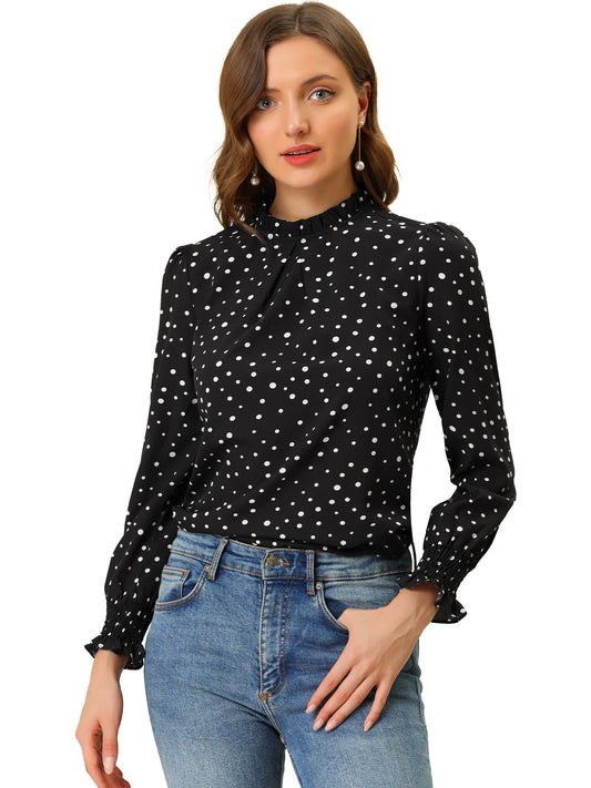 Women's Printed Ruffled Mock Neck Puff Long Sleeve Blouse Top