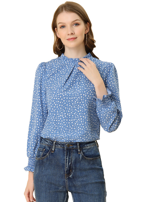 Women's Printed Ruffled Mock Neck Puff Long Sleeve Blouse Top