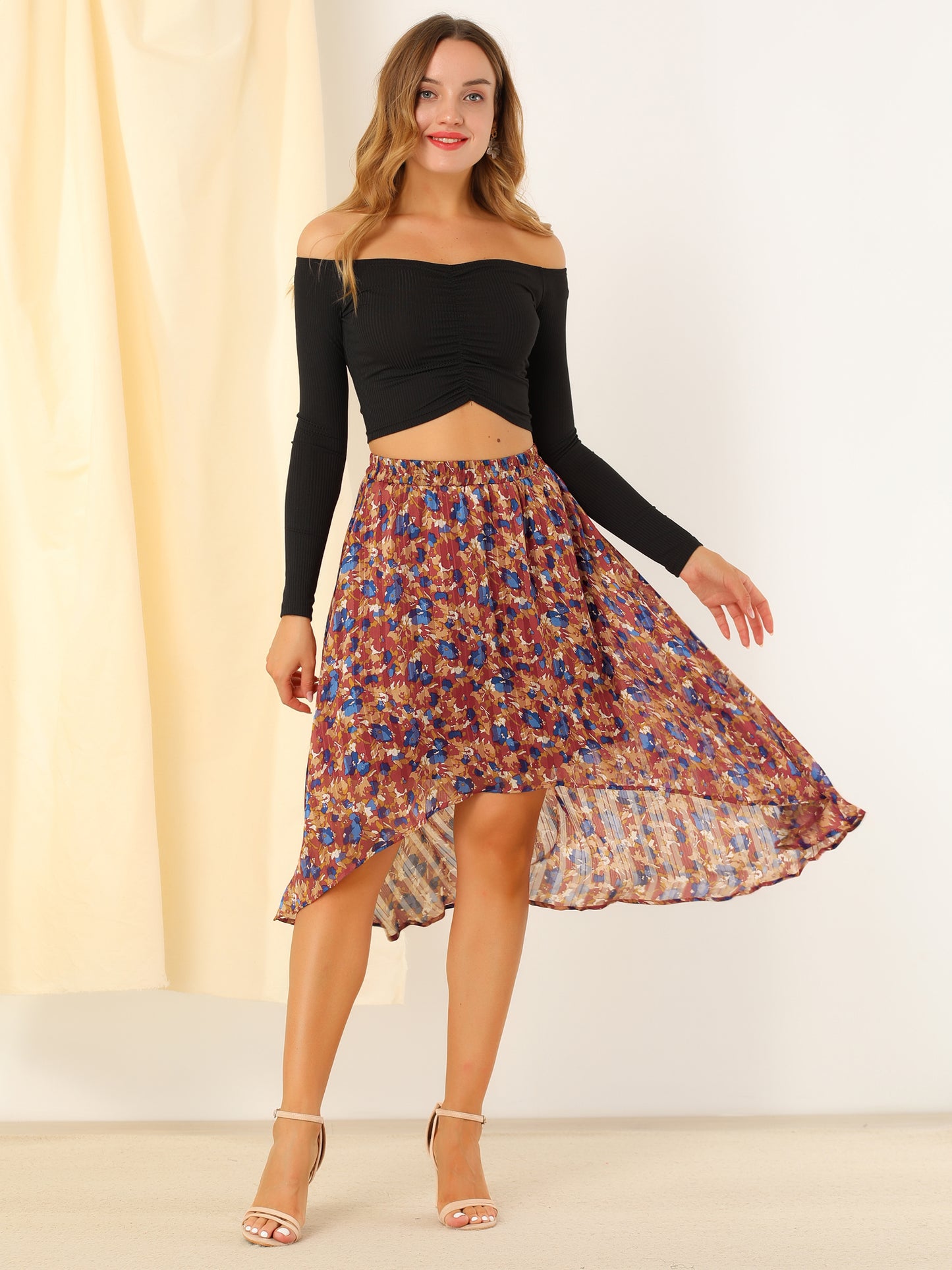 Falda midi floral de gasa de lúrex con cintura elástica y dobladillo alto y bajo para mujer