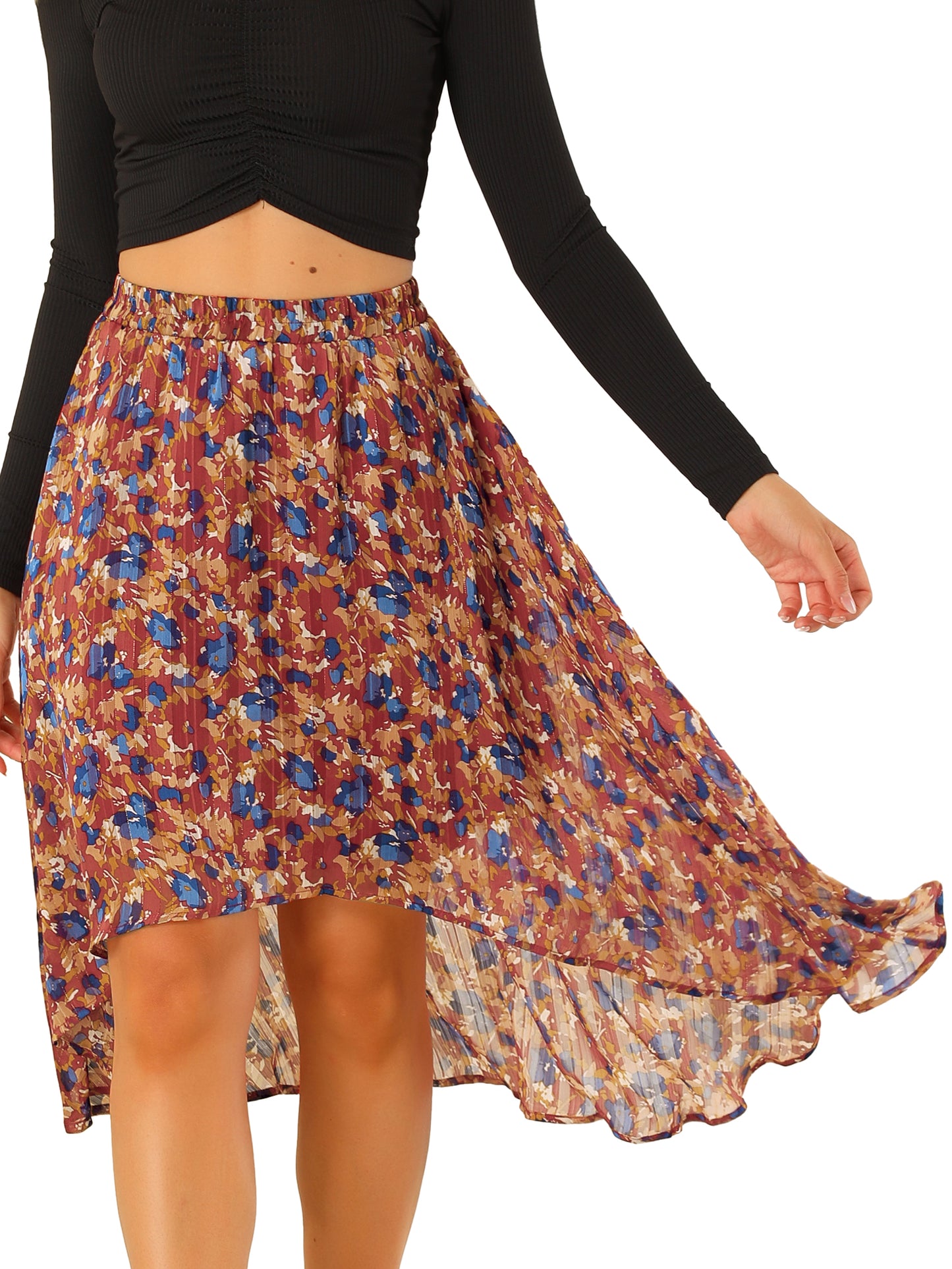 Falda midi floral de gasa de lúrex con cintura elástica y dobladillo alto y bajo para mujer