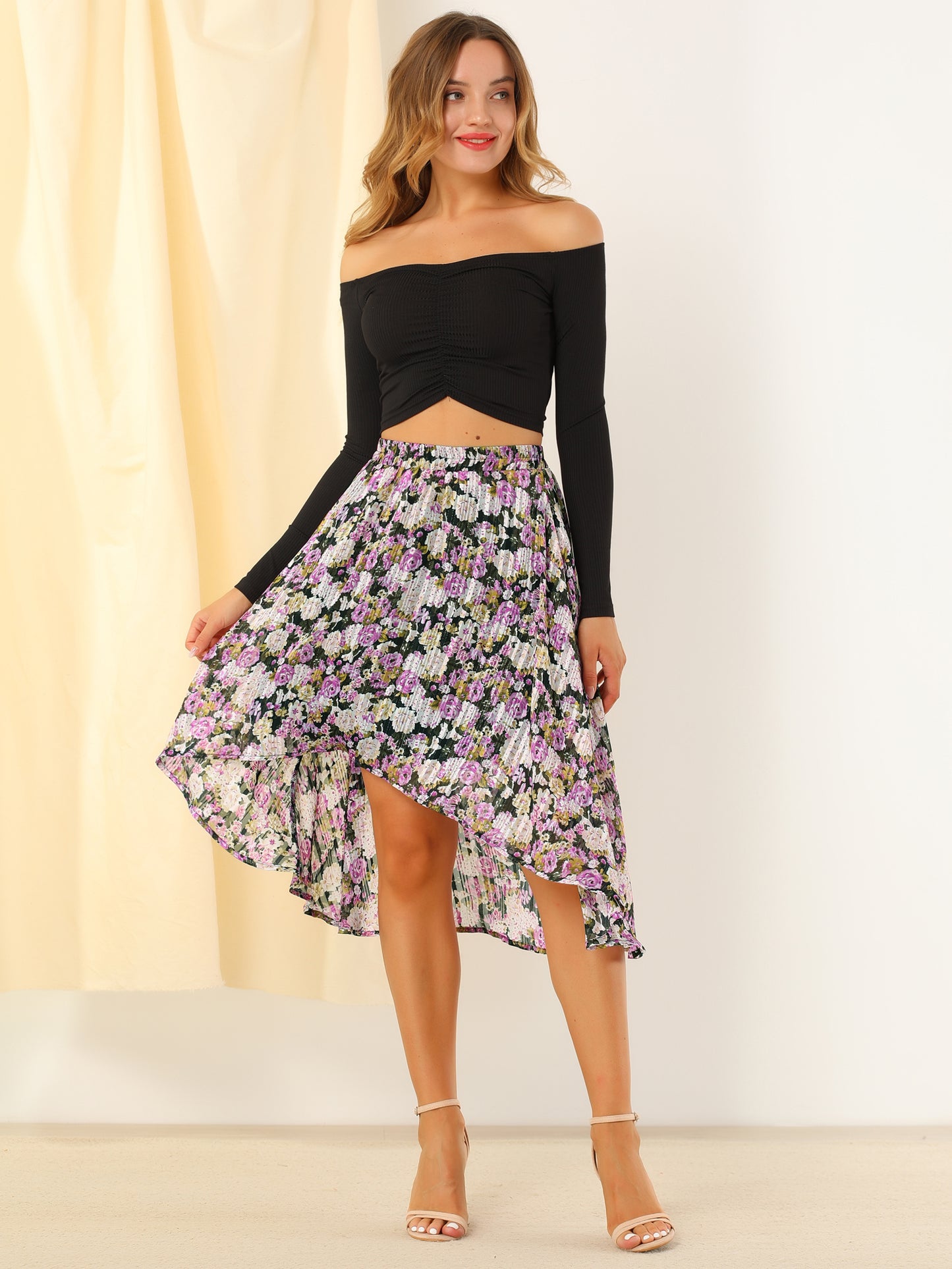 Falda midi floral de gasa de lúrex con cintura elástica y dobladillo alto y bajo para mujer