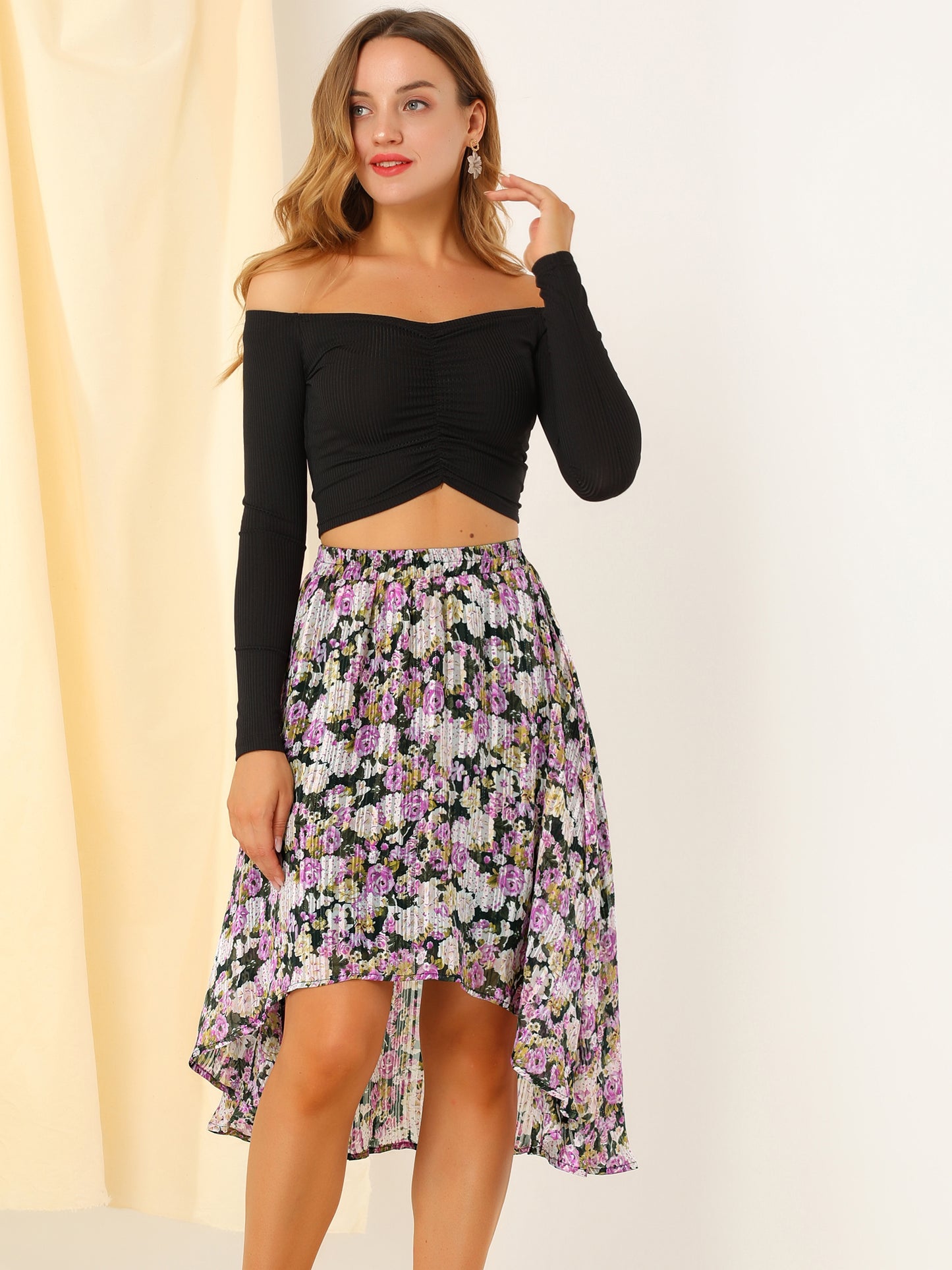Falda midi floral de gasa de lúrex con cintura elástica y dobladillo alto y bajo para mujer