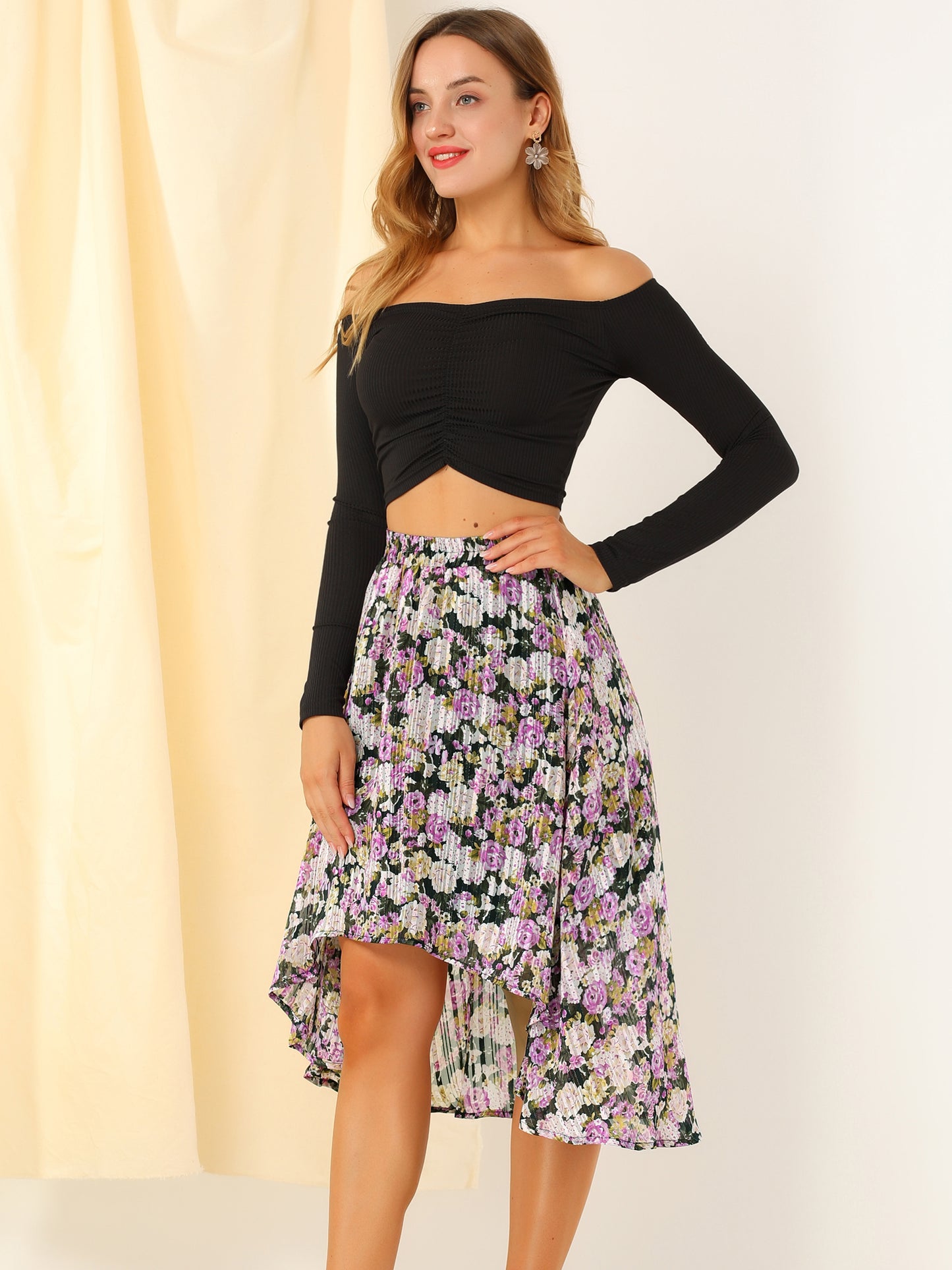 Falda midi floral de gasa de lúrex con cintura elástica y dobladillo alto y bajo para mujer