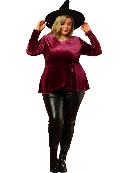 Women's Plus Size Velvet Velour V Neck Tulip Hem Long Sleeve Peplum Blouse