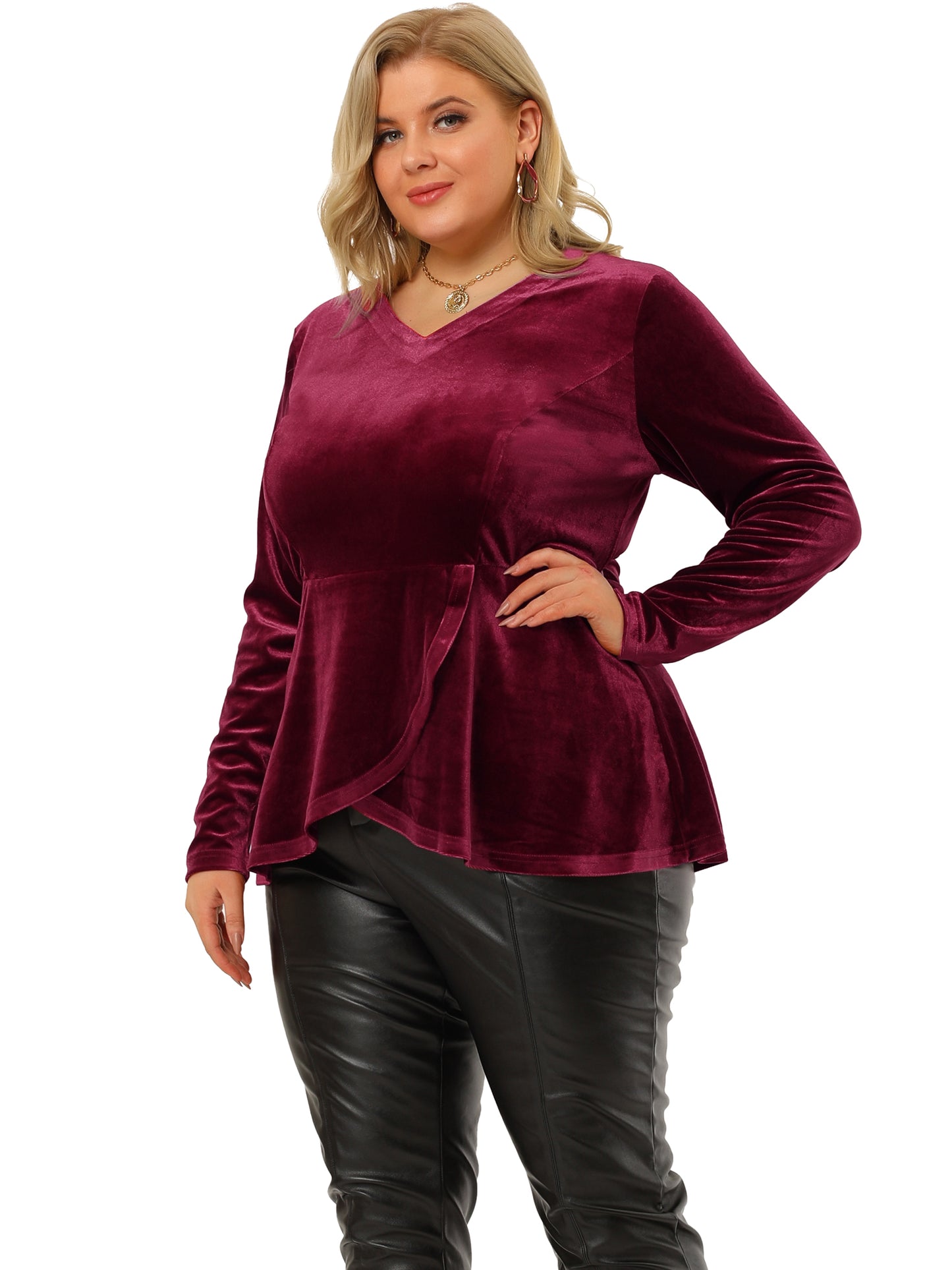 Women's Plus Size Velvet Velour V Neck Tulip Hem Long Sleeve Peplum Blouse
