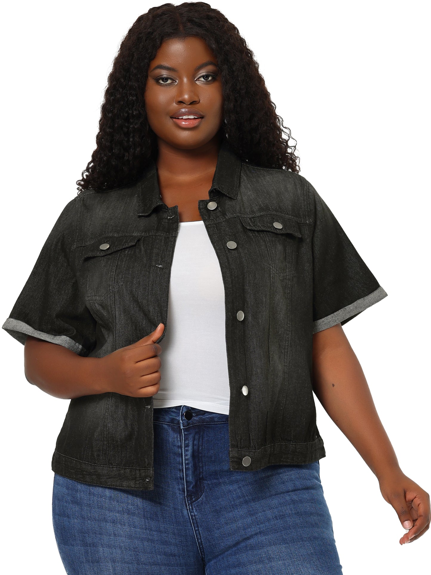 Chaqueta vaquera de talla grande para mujer, de manga corta, con solapa y botones al frente, ideal para el trabajo, estilo western.