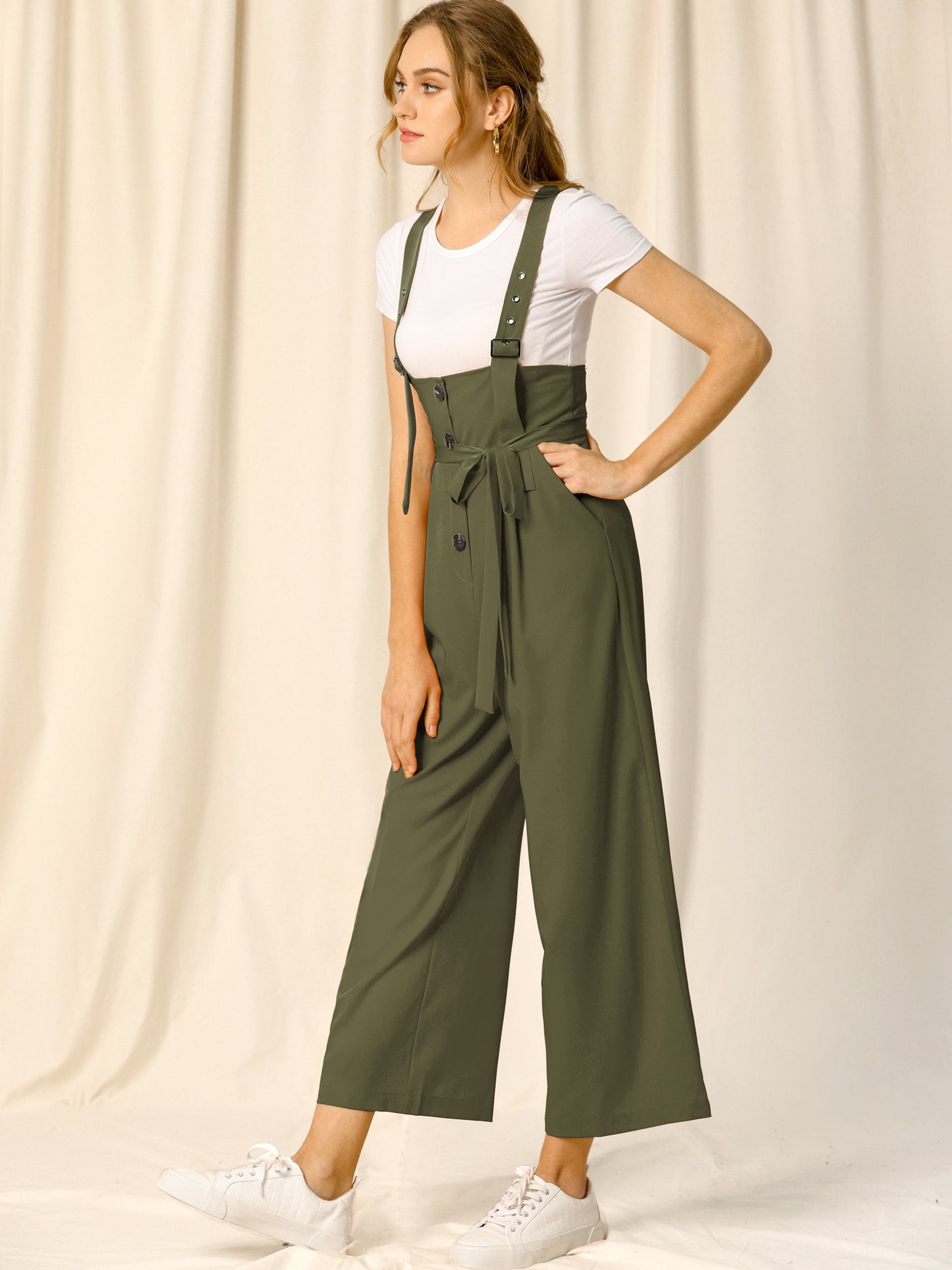 Women's Wide Leg Overalls Loose Fit Belted High Waist Suspenders Jumpsuits