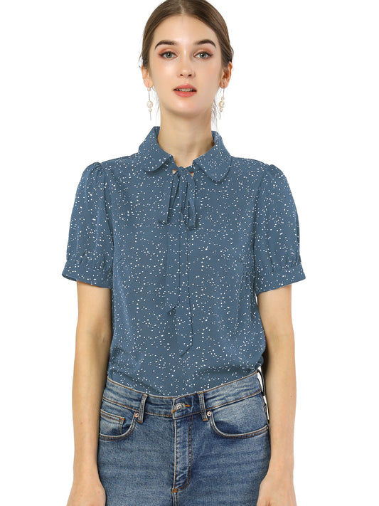 Blusa de gasa con cuello Peter Pan y pajarita estampada retro para mujer