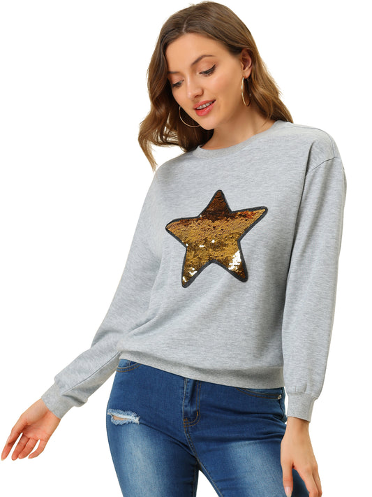 Women's Sequin Shiny Star Crew Neck Long Sleeve Sweatshirt Top
