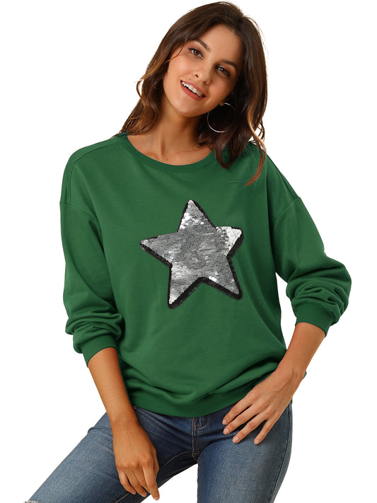 Women's Sequin Shiny Star Crew Neck Long Sleeve Sweatshirt Top