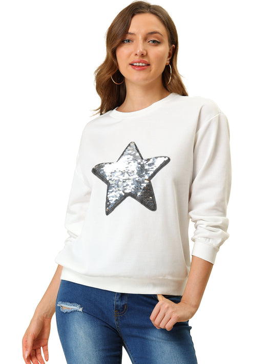 Women's Sequin Shiny Star Crew Neck Long Sleeve Sweatshirt Top