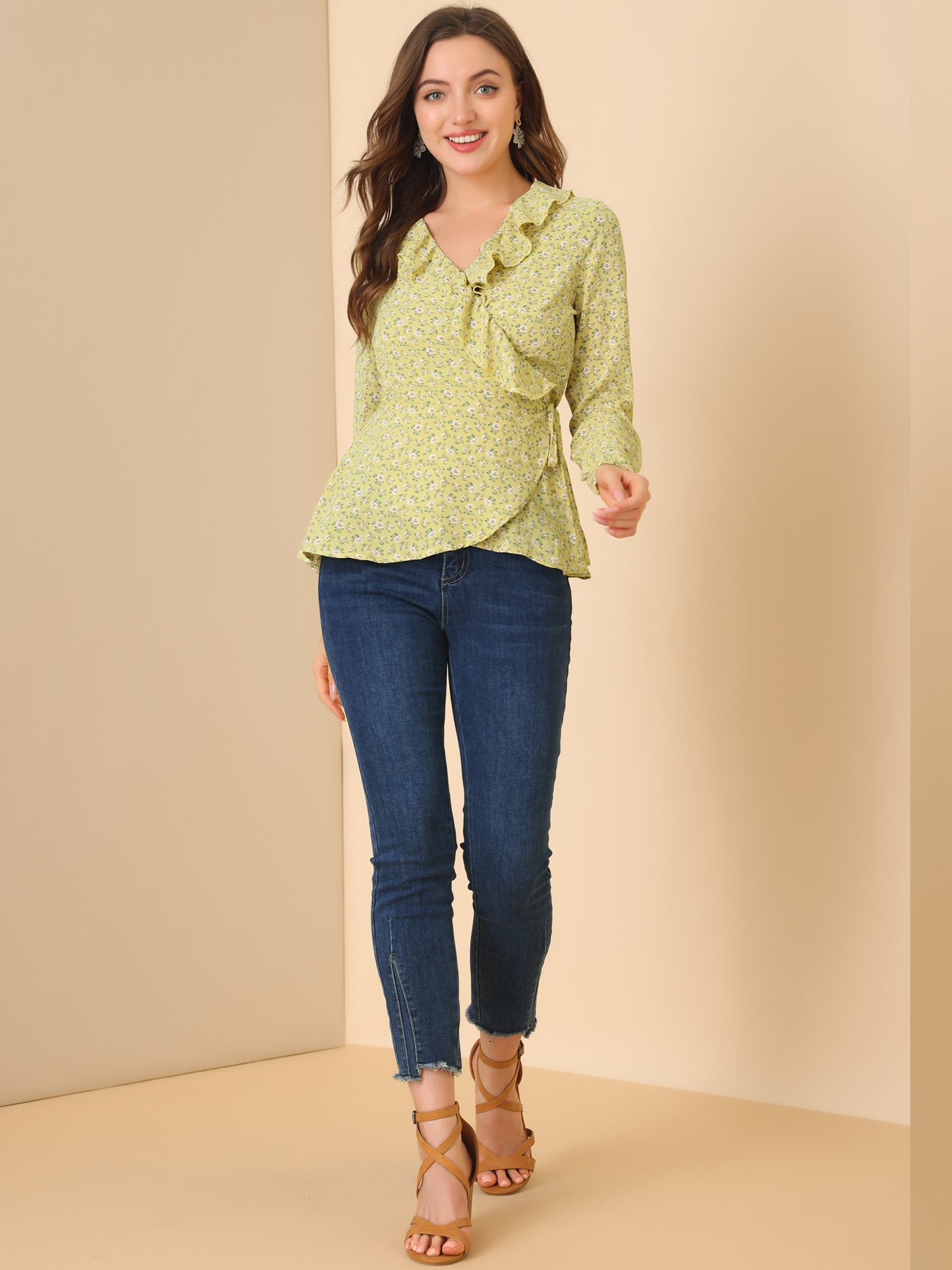 Women's Floral V Neck Wrap Top Long Sleeve Tie Waist Ruffle Peplum Blouse