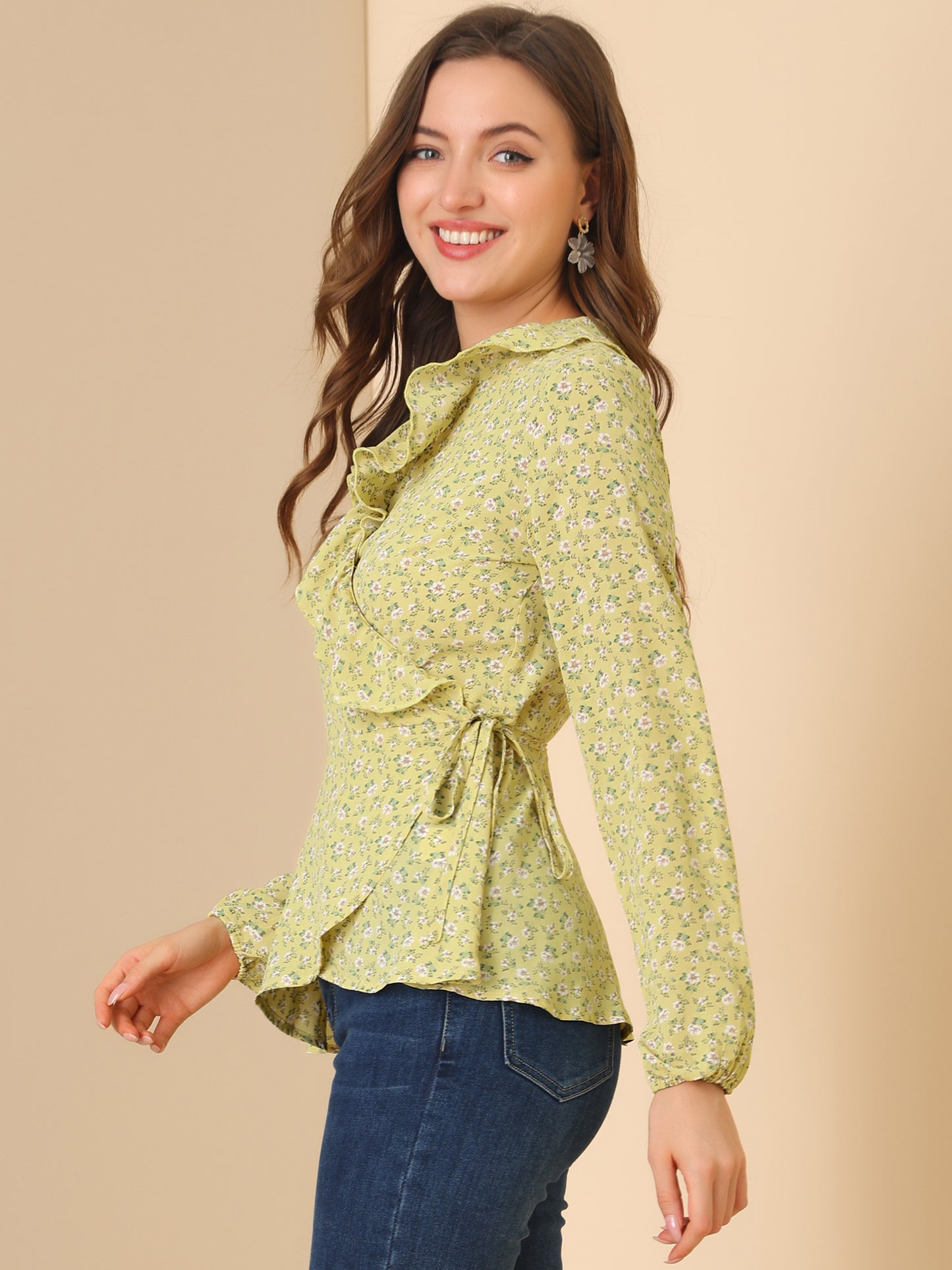 Women's Floral V Neck Wrap Top Long Sleeve Tie Waist Ruffle Peplum Blouse