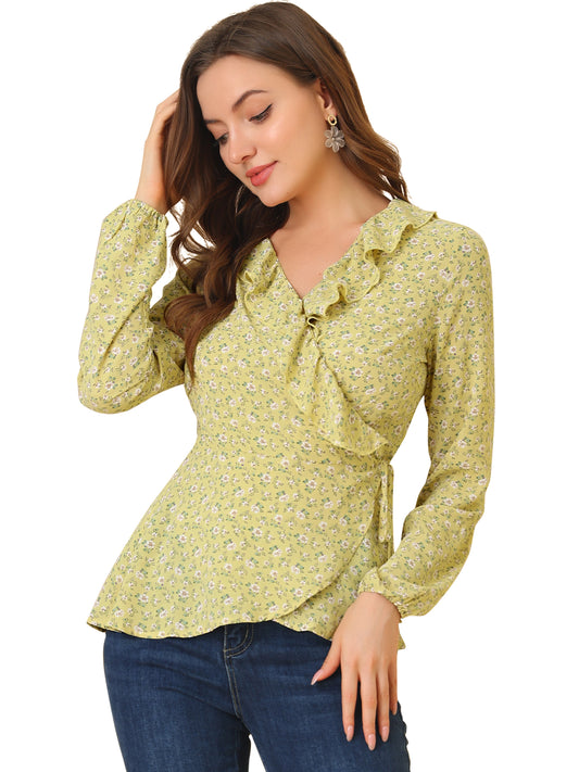 Women's Floral V Neck Wrap Top Long Sleeve Tie Waist Ruffle Peplum Blouse