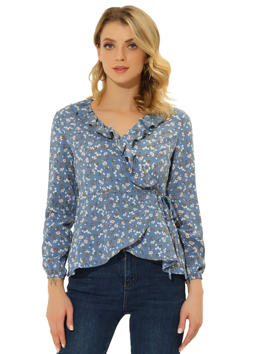 Women's Floral V Neck Wrap Top Long Sleeve Tie Waist Ruffle Peplum Blouse