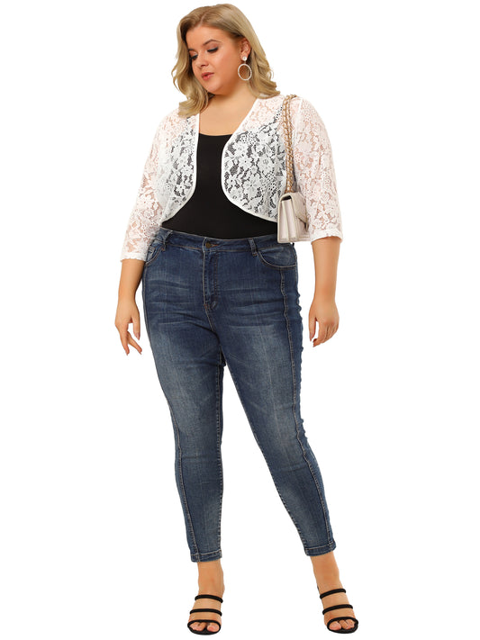 Women Plus Size Floral Lace Shrug Elegant 3/4 Sleeve Lightweight Sheer Bolero Cardigan