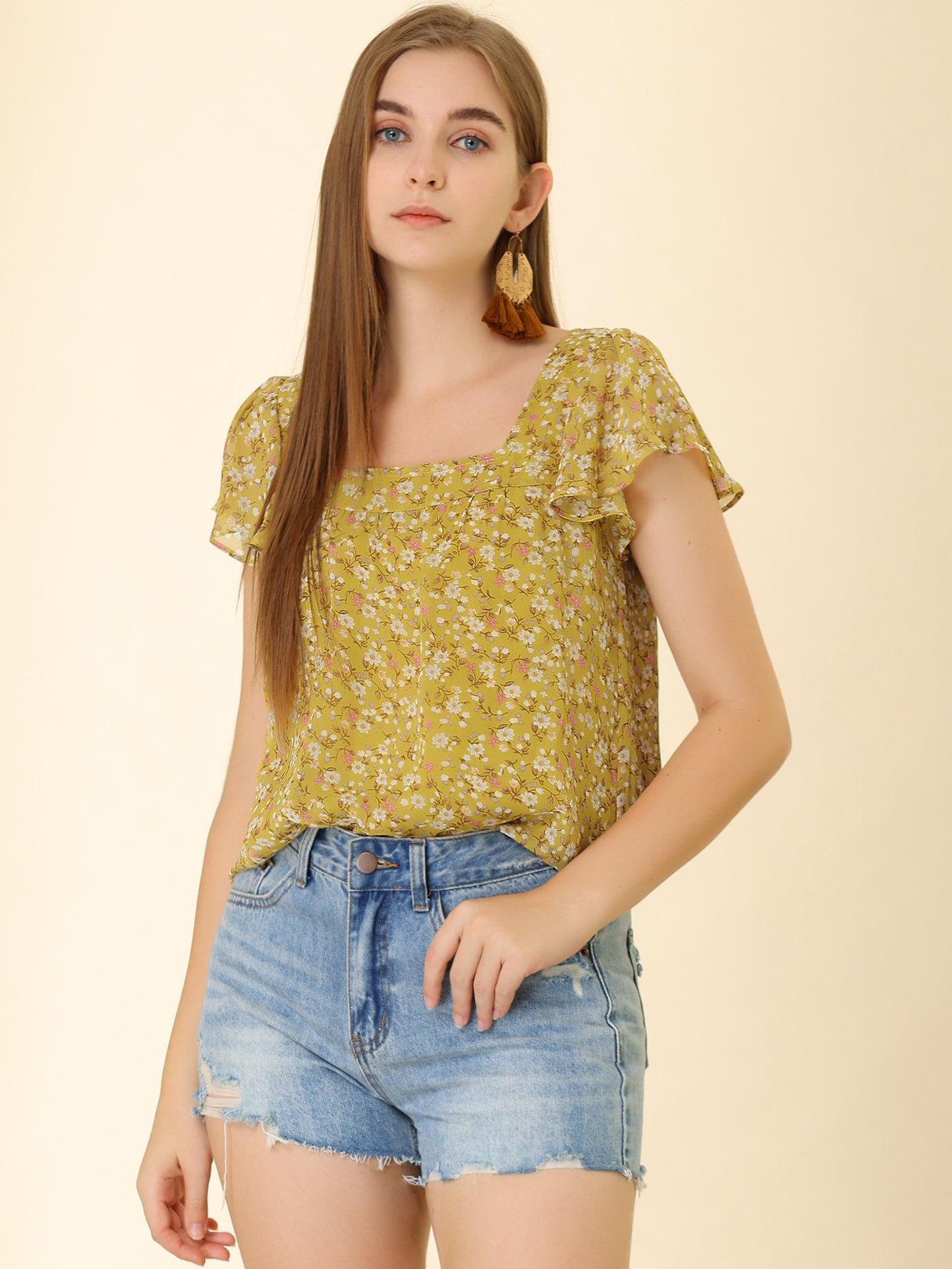 Blusa floral de verano para mujer, informal, de gasa, con cuello cuadrado y manga corta con volantes