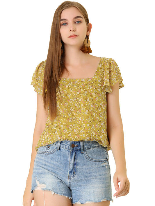 Blusa floral de verano para mujer, informal, de gasa, con cuello cuadrado y manga corta con volantes