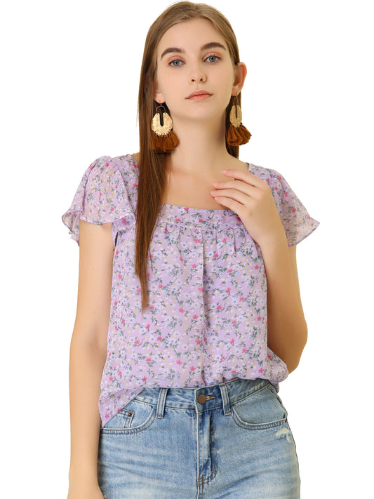 Women's Floral Blouse Summer Casual Square Neck Chiffon Short Sleeve Ruffle Top (Available in Plus Size)
