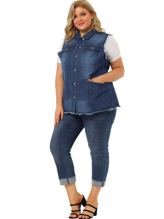 Chaqueta vaquera de talla grande para mujer, con botones, solapa delantera, deshilachada, lavada, sin mangas, chaleco vaquero largo