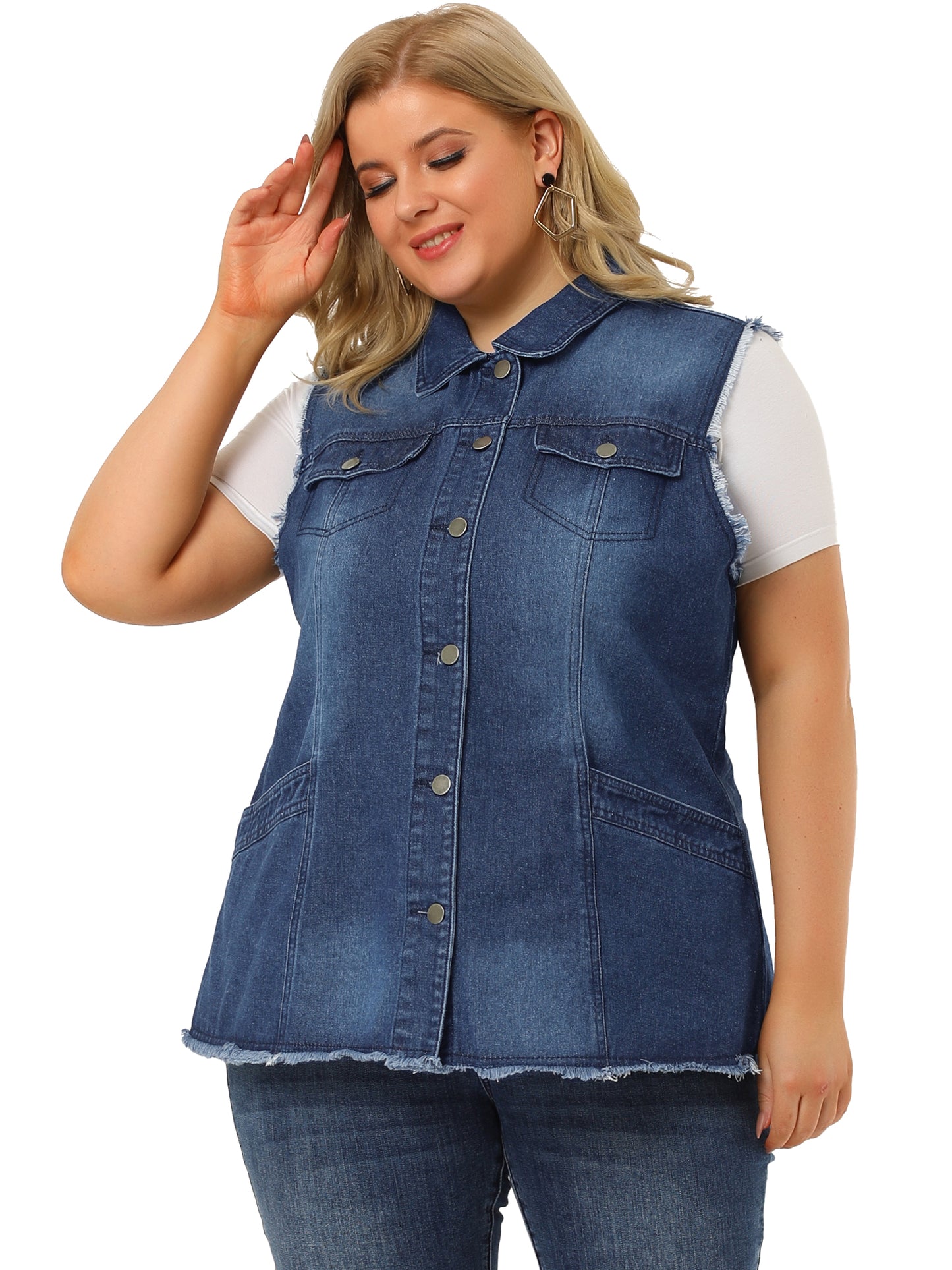 Chaqueta vaquera de talla grande para mujer, con botones, solapa delantera, deshilachada, lavada, sin mangas, chaleco vaquero largo