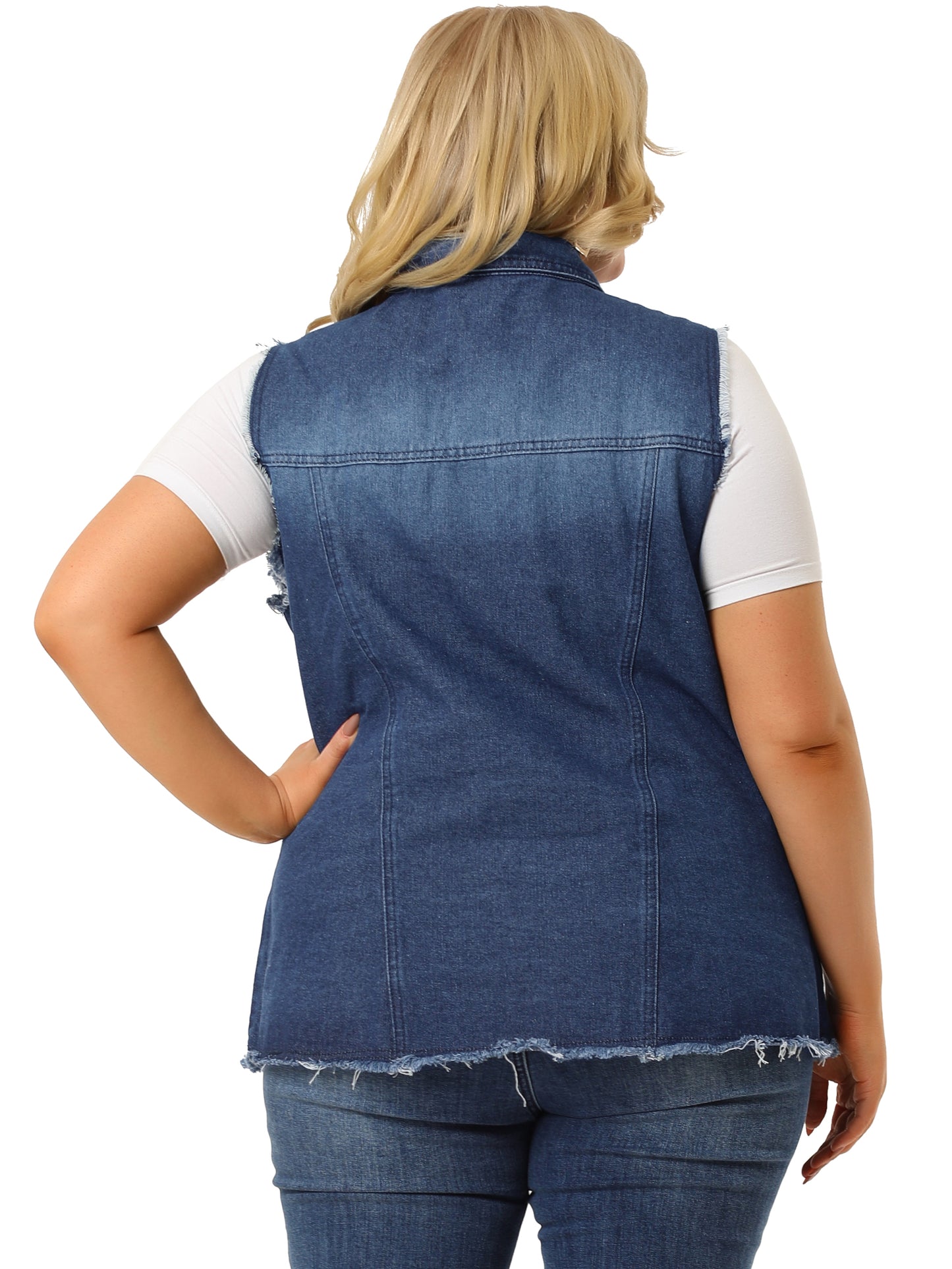 Chaqueta vaquera de talla grande para mujer, con botones, solapa delantera, deshilachada, lavada, sin mangas, chaleco vaquero largo