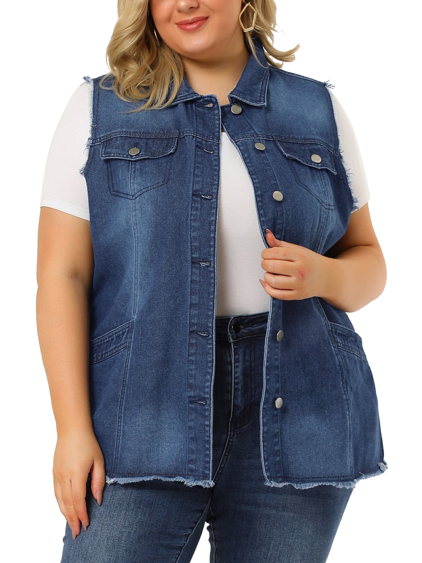Chaqueta vaquera de talla grande para mujer, con botones, solapa delantera, deshilachada, lavada, sin mangas, chaleco vaquero largo