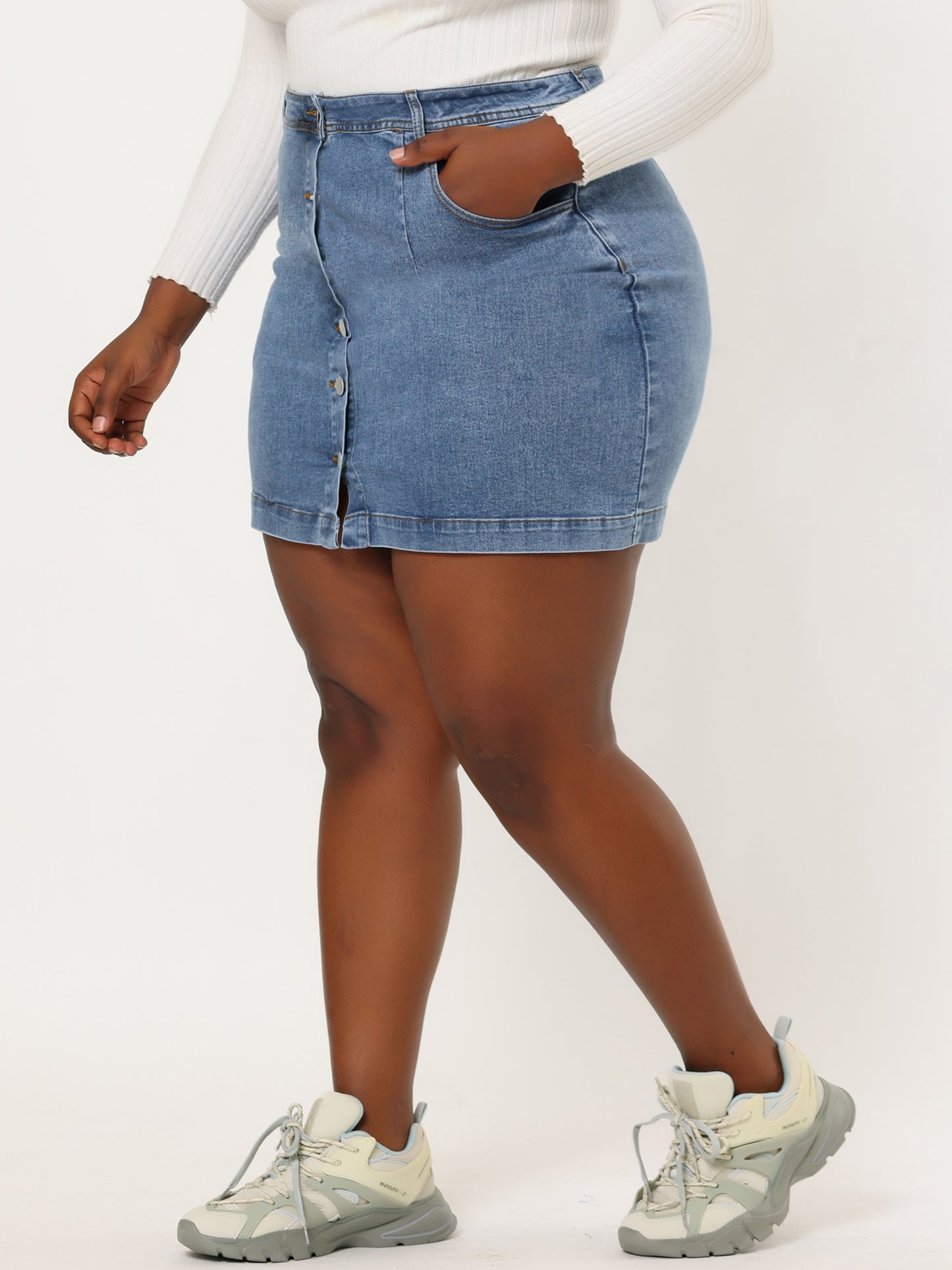 Women's Plus Size Denim Skirts Mini Button Side Pocket A Line Casual Summer Jean Skirt
