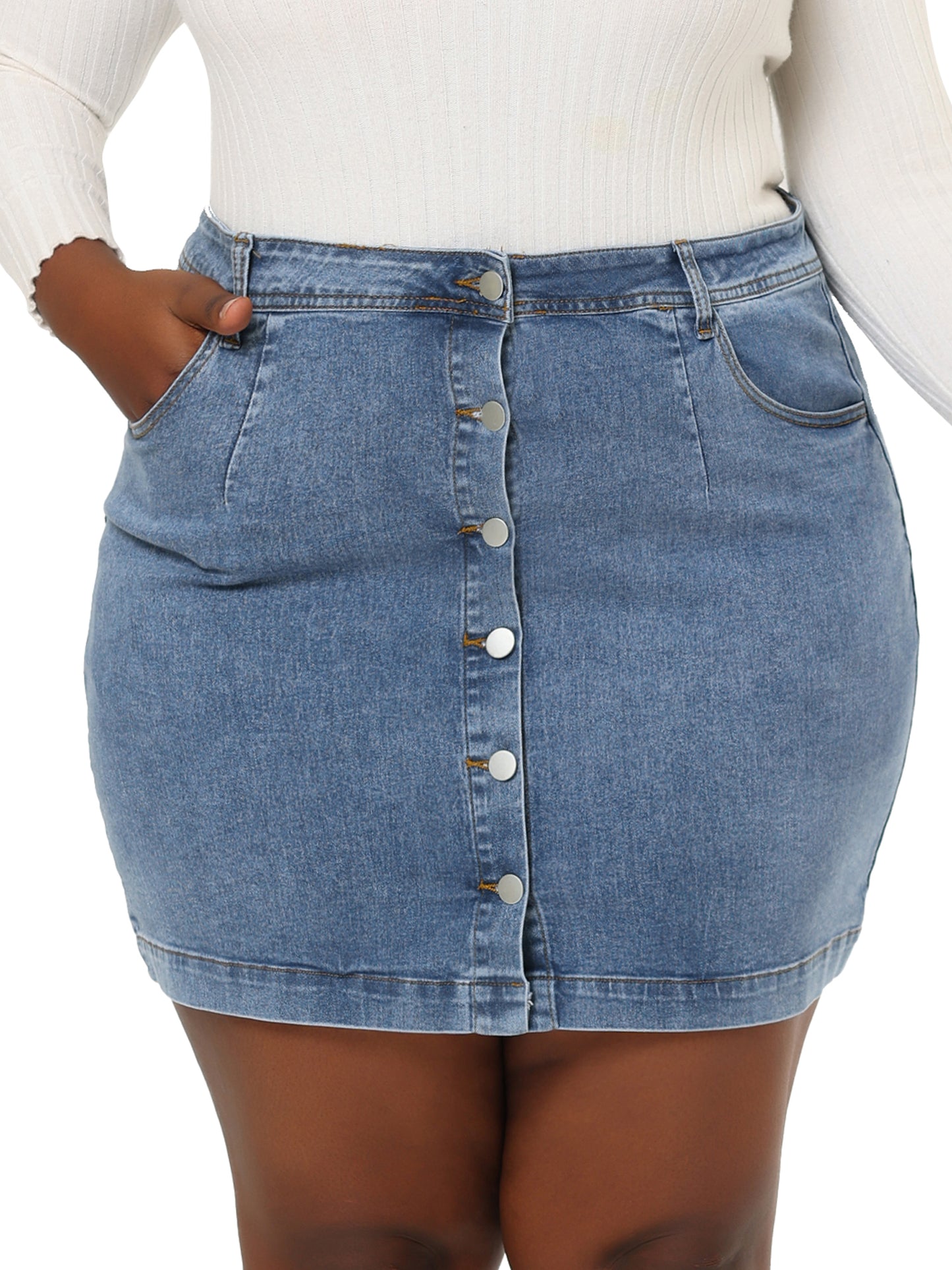 Women's Plus Size Denim Skirts Mini Button Side Pocket A Line Casual Summer Jean Skirt