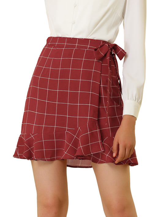 Women's Wrap Self Tie Ruffle Hem Plaid Grid Mini Skirt
