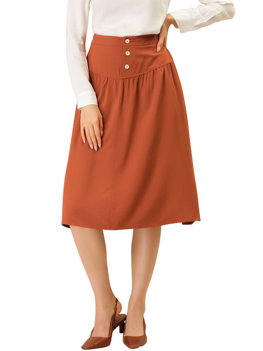 Women's Work Pleated Button Front Elastic Back Elegant A-Line Skirt