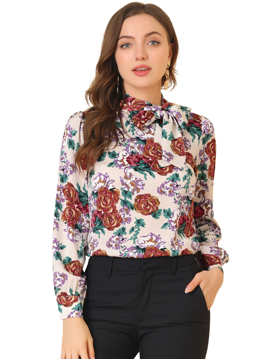 Women's Bow Tie Neck Puff Sleeve Floral Elegant Vintage Blouse Top