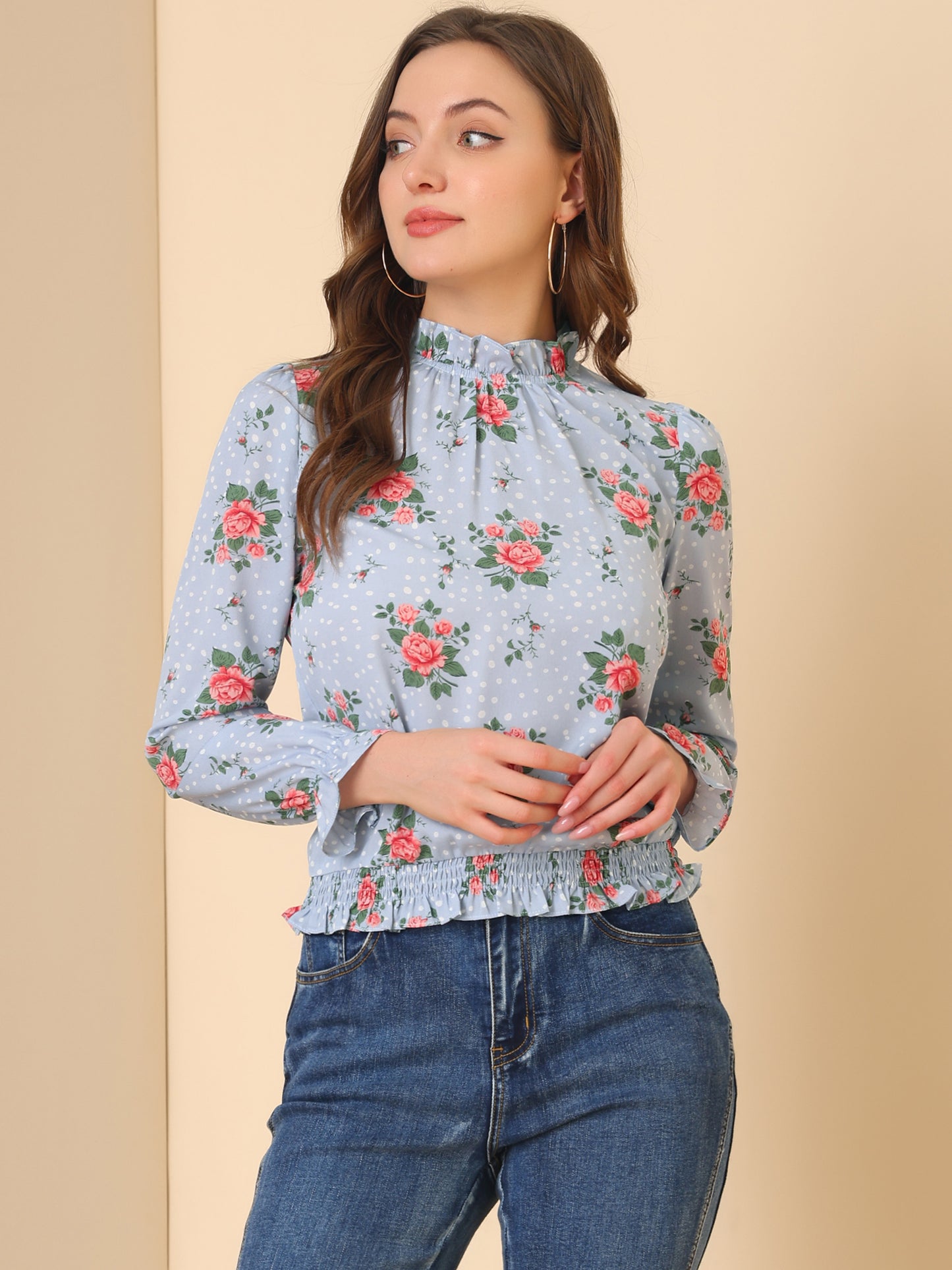 Women's Ruffled Floral Printed Vintage Collared Smocked Waist Blouse