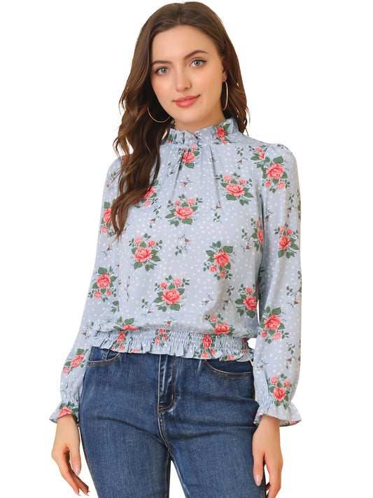 Women's Ruffled Floral Printed Vintage Collared Smocked Waist Blouse