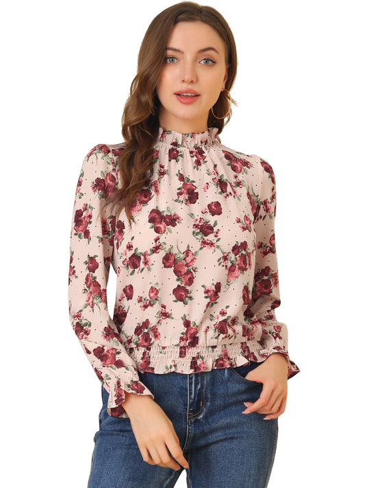 Women's Ruffled Floral Printed Vintage Collared Smocked Waist Blouse