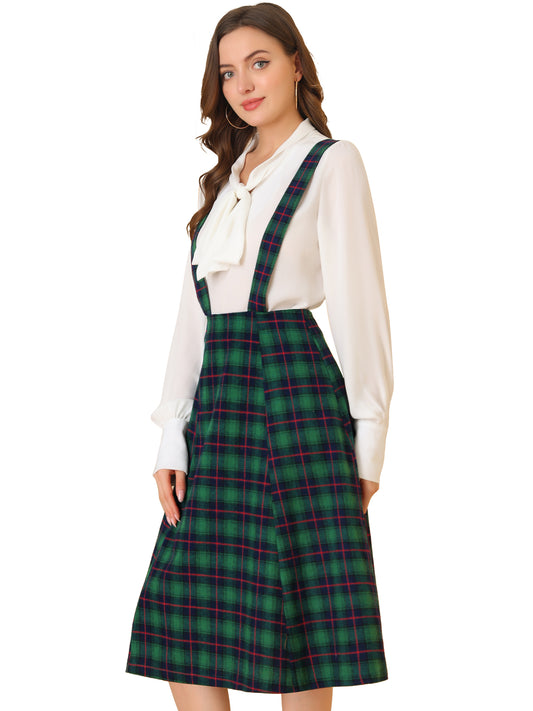 Falda de cuadros escoceses con tirantes para mujer, estilo vintage, de cintura alta, corte A, vestido midi