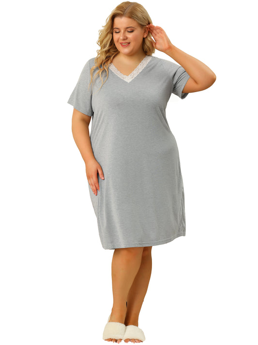 Women Plus Size Nightgowns Lace V Neck Short Sleeve Loungewear Sleepwear Dress
