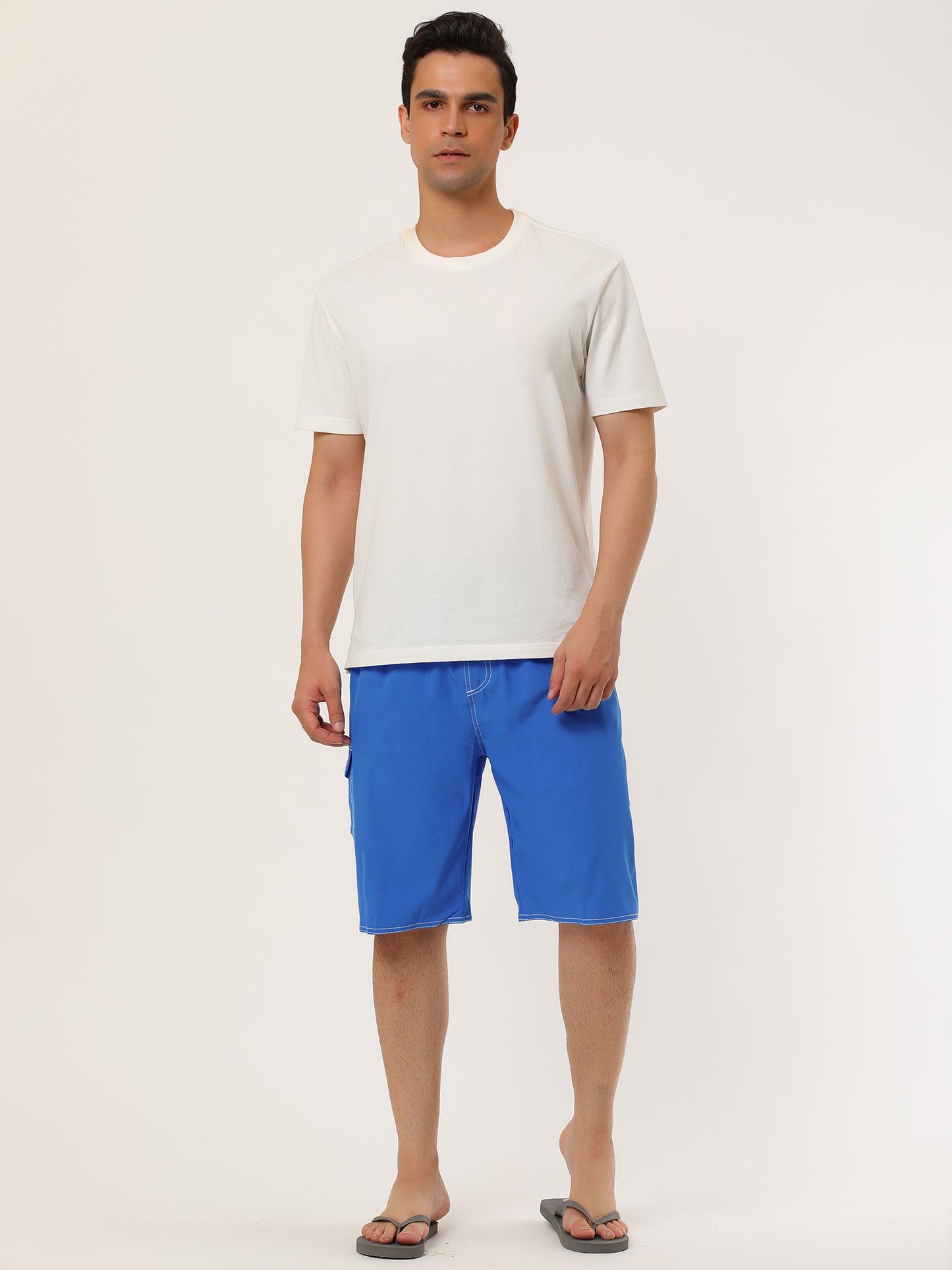 Men's Summer Solid Shorts Drawstring Elastic Waist Swim Beach Board Shorts