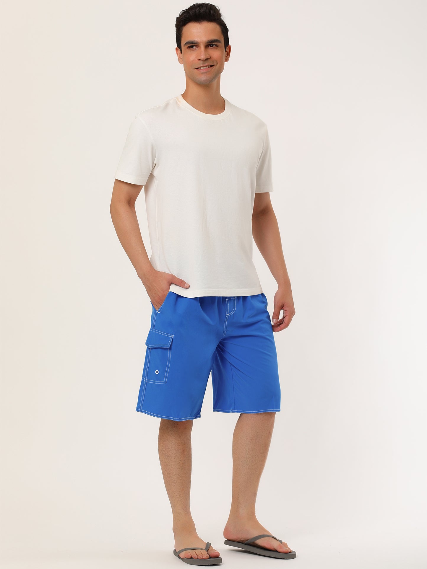 Men's Summer Solid Shorts Drawstring Elastic Waist Swim Beach Board Shorts