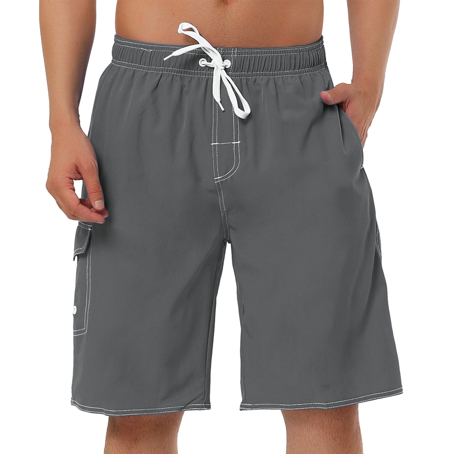 Men's Summer Solid Shorts Drawstring Elastic Waist Swim Beach Board Shorts