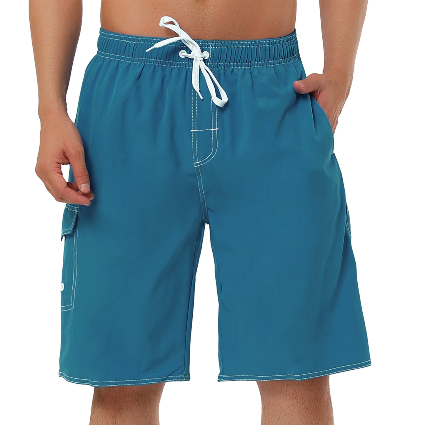 Men's Summer Solid Shorts Drawstring Elastic Waist Swim Beach Board Shorts