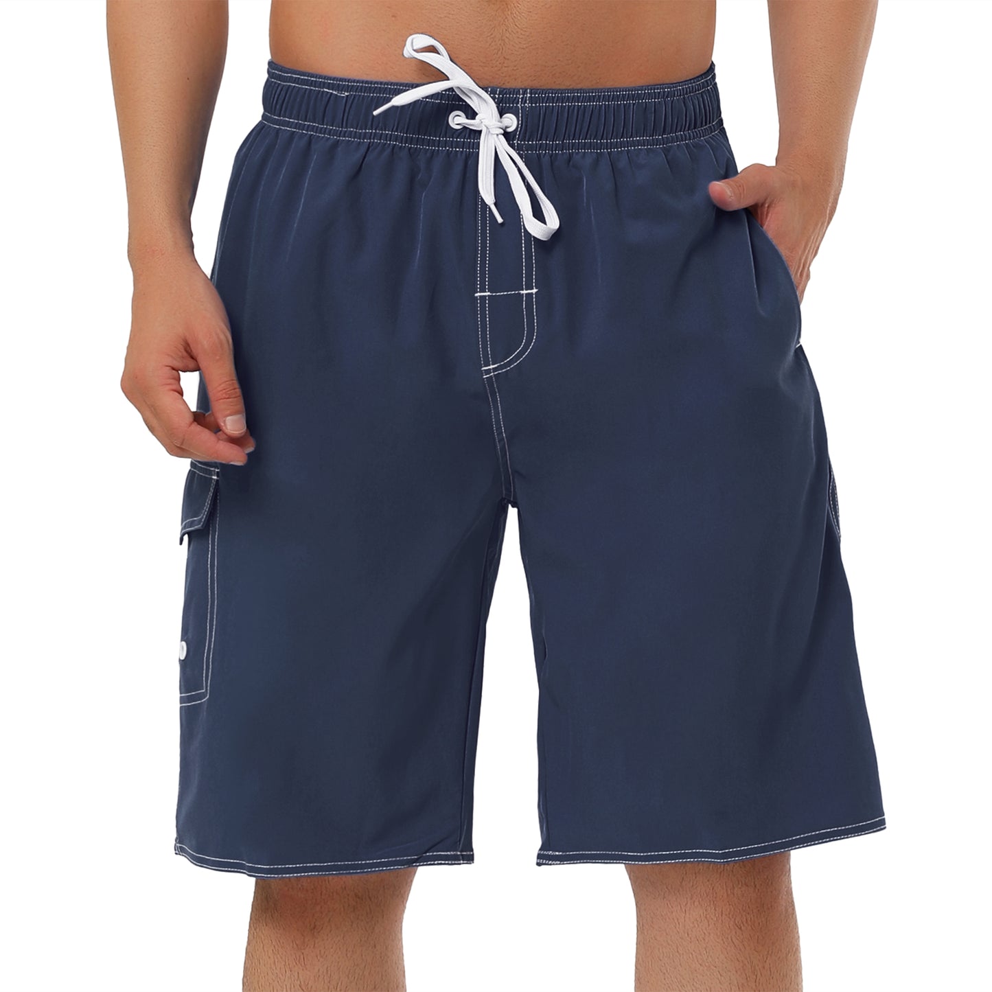 Men's Summer Solid Shorts Drawstring Elastic Waist Swim Beach Board Shorts