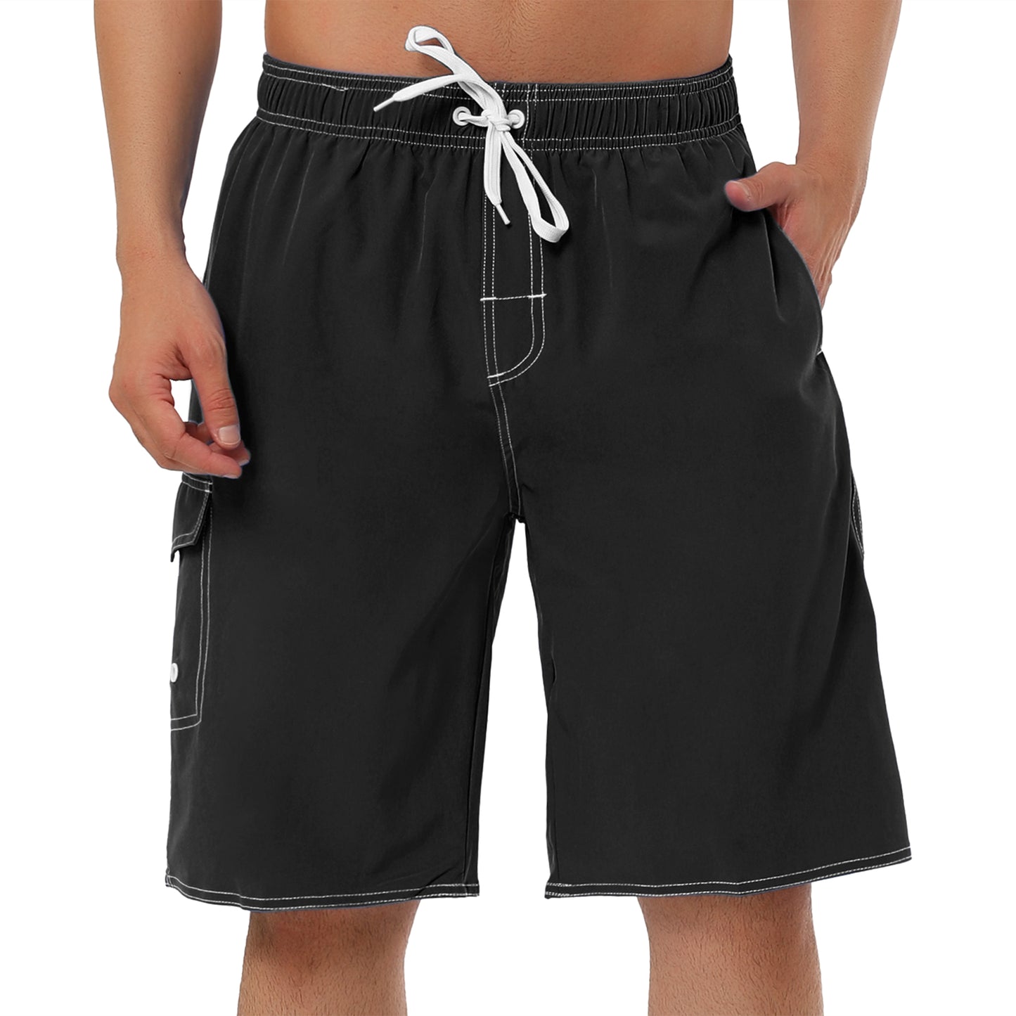 Men's Summer Solid Shorts Drawstring Elastic Waist Swim Beach Board Shorts