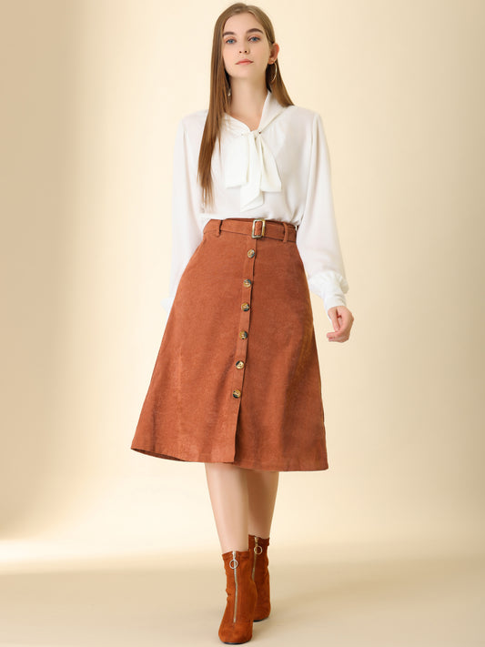 Women's Fall Button Front Belted Corduroy High Waist Midi Skirt (Available in Plus Size)