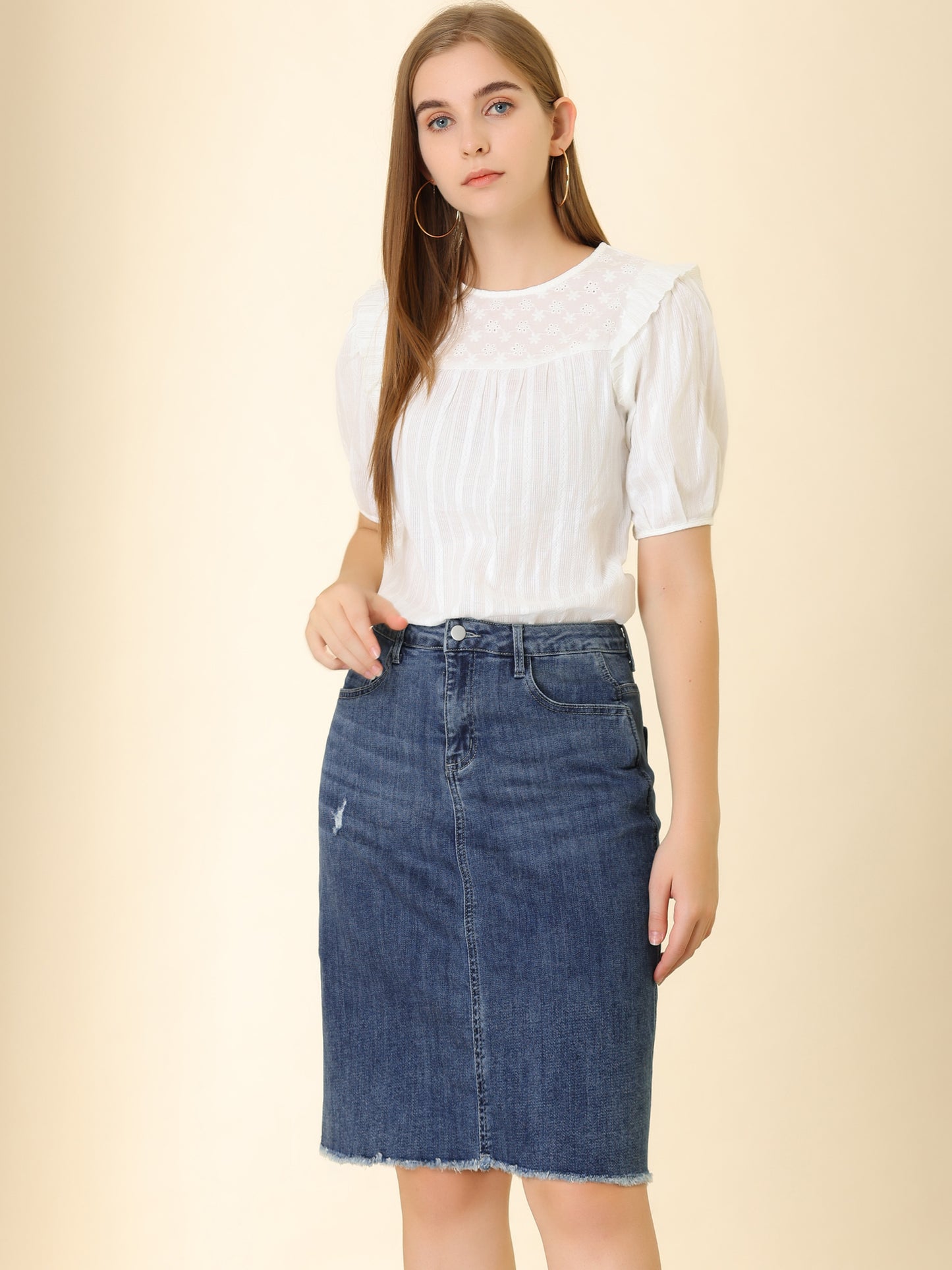 Women's Basic Distressed High Waist Ripped Hem Washed Jeans Denim Skirt