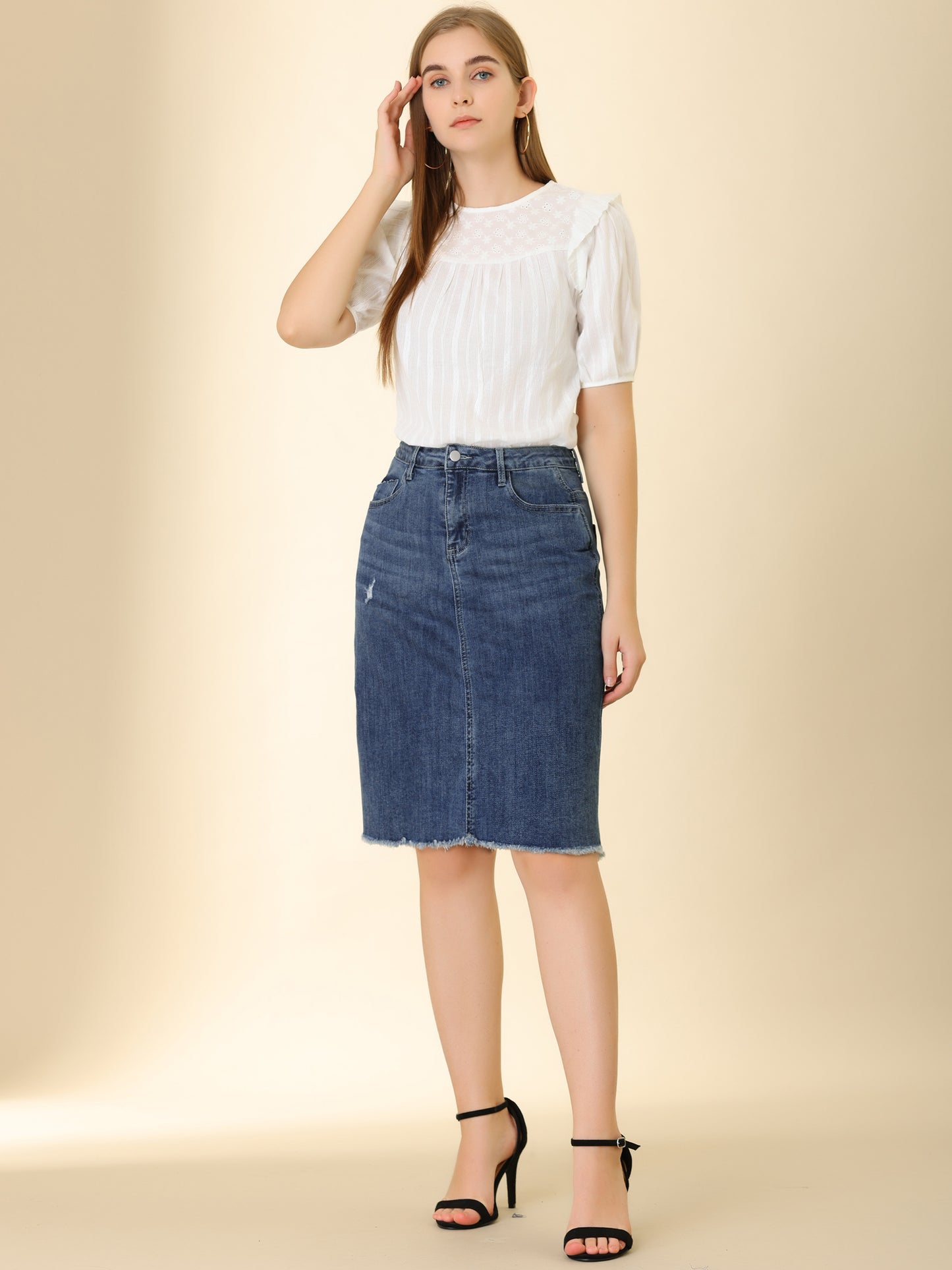 Women's Basic Distressed High Waist Ripped Hem Washed Jeans Denim Skirt