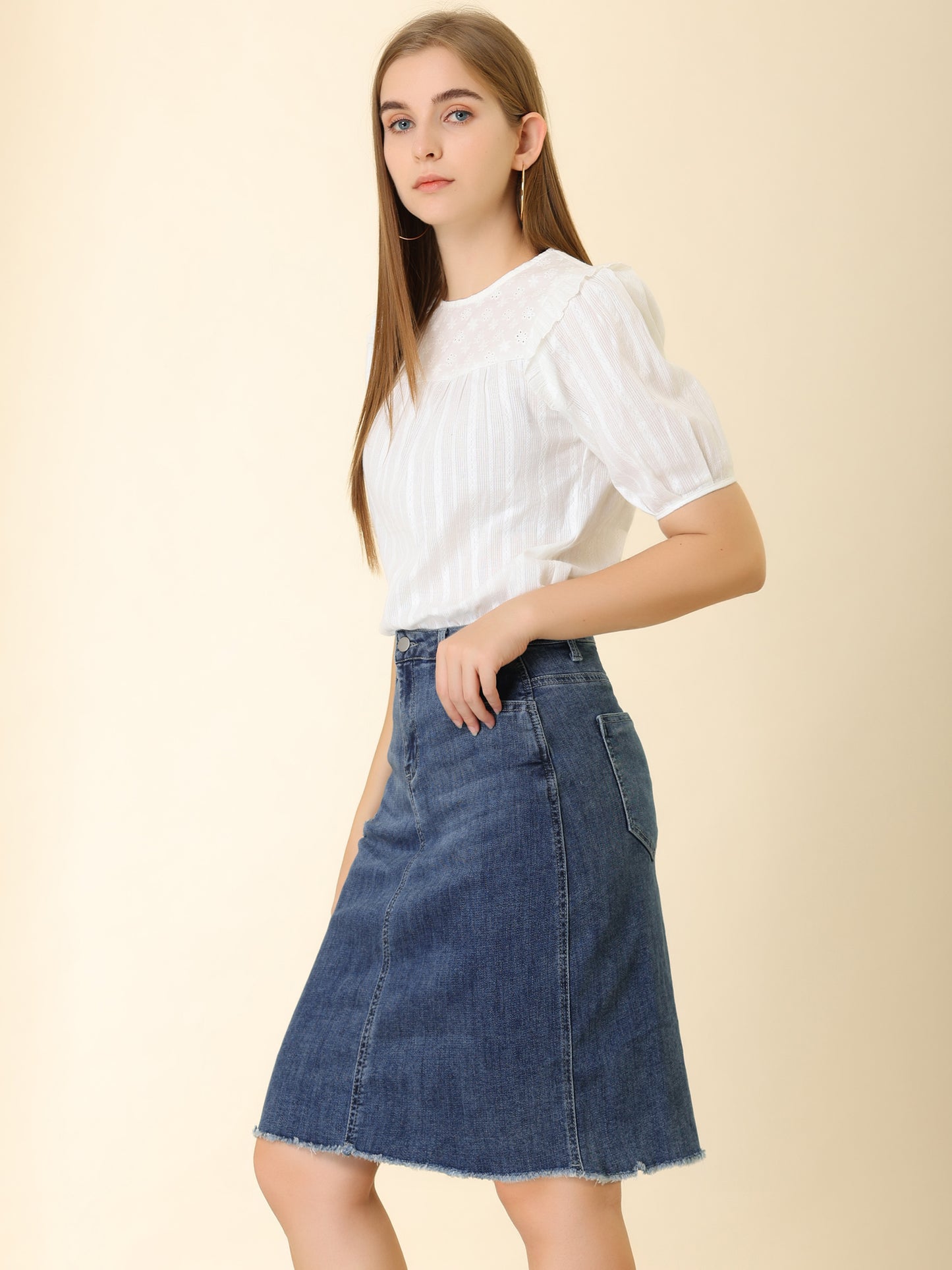 Women's Basic Distressed High Waist Ripped Hem Washed Jeans Denim Skirt