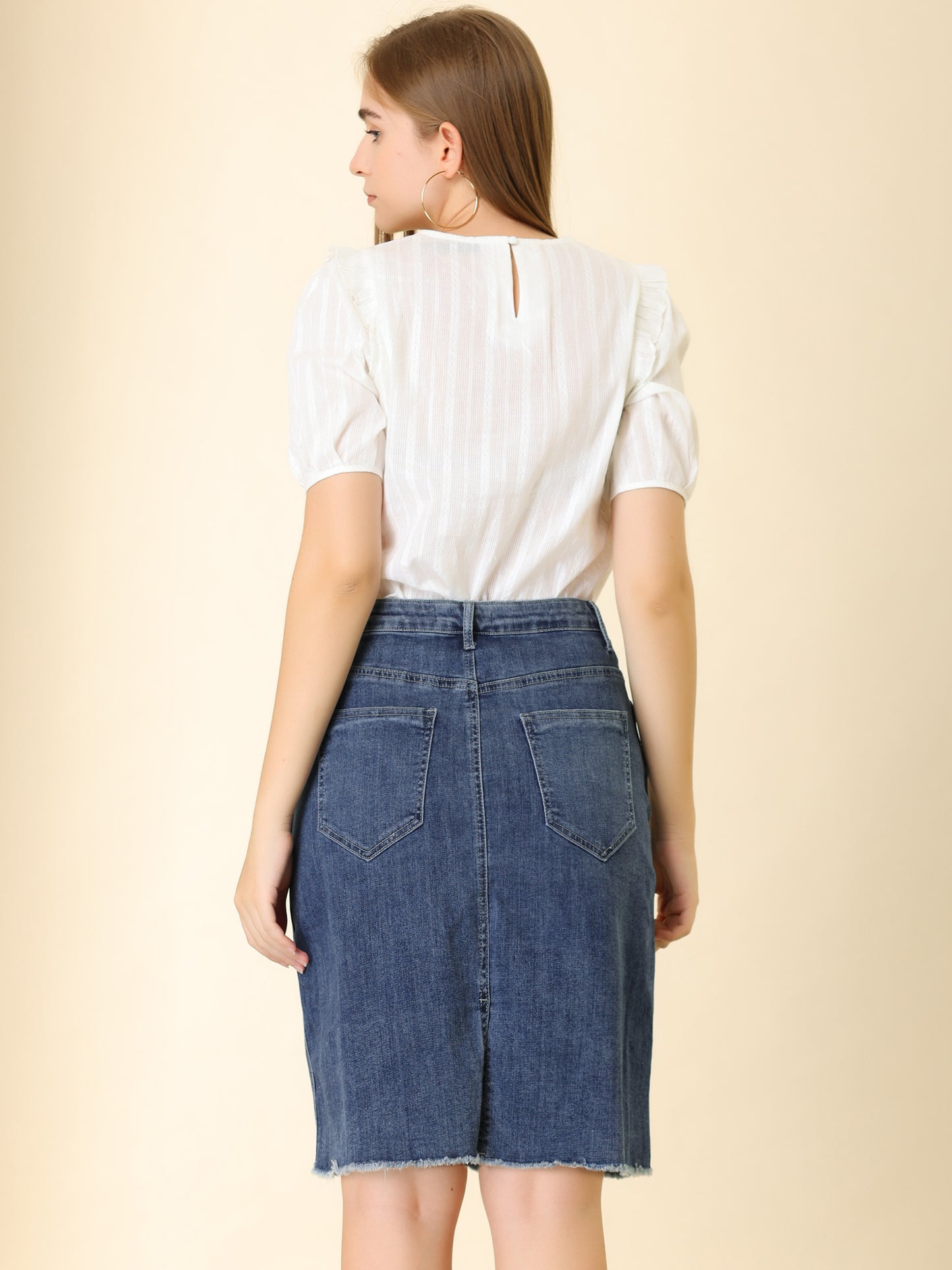 Women's Basic Distressed High Waist Ripped Hem Washed Jeans Denim Skirt