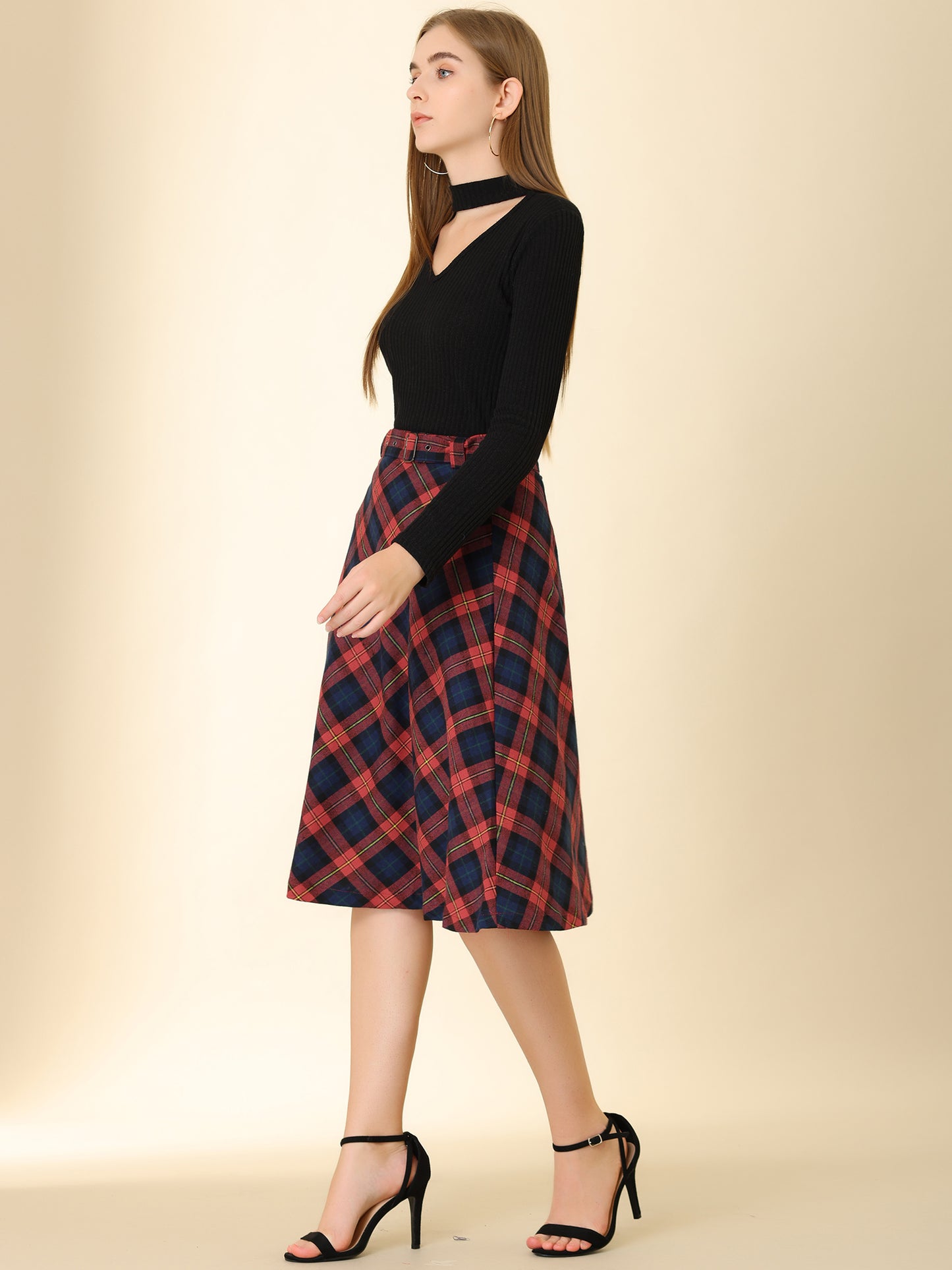 Women's Tartan Plaid High Waist Belted Vintage A-Line Midi Skirt (Available in Plus Size)