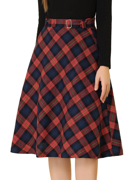 Women's Tartan Plaid High Waist Belted Vintage A-Line Midi Skirt (Available in Plus Size)